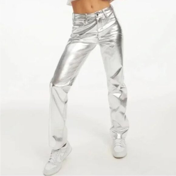 New Good American Good Icon SILVER Metallic Faux Leather Pants size 8/29 - Picture 1 of 15